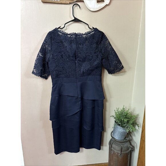 ADRIANNA Papell Blue Lace Dress Side Draped Ruched Sheer 3/4 Sleeve, Size 12 M5 - Picture 4 of 13